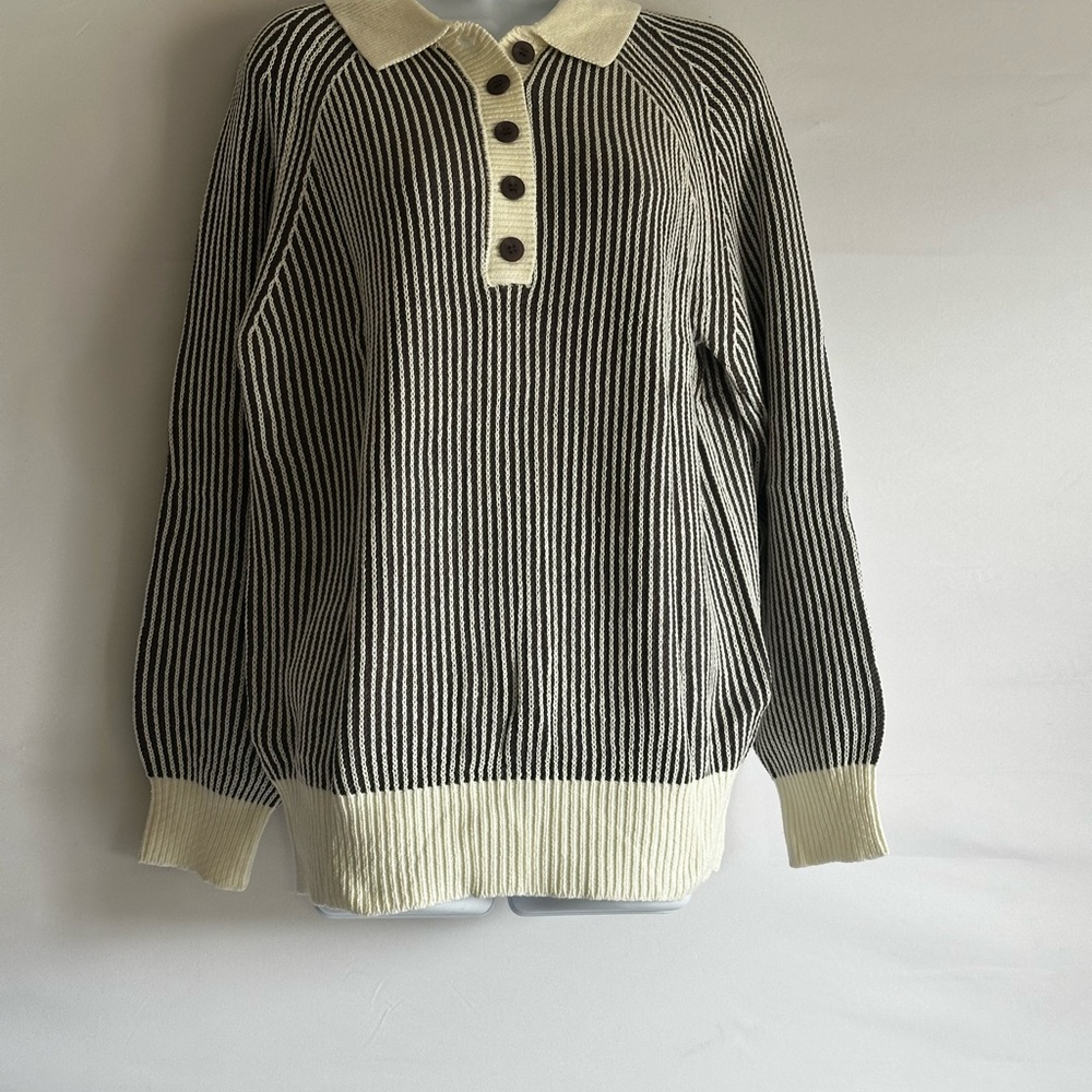 SH EWIN WOMENS GRAY & CREAM STRIPED PATTERN POLO NECK SWEATER - Picture 1 of 9